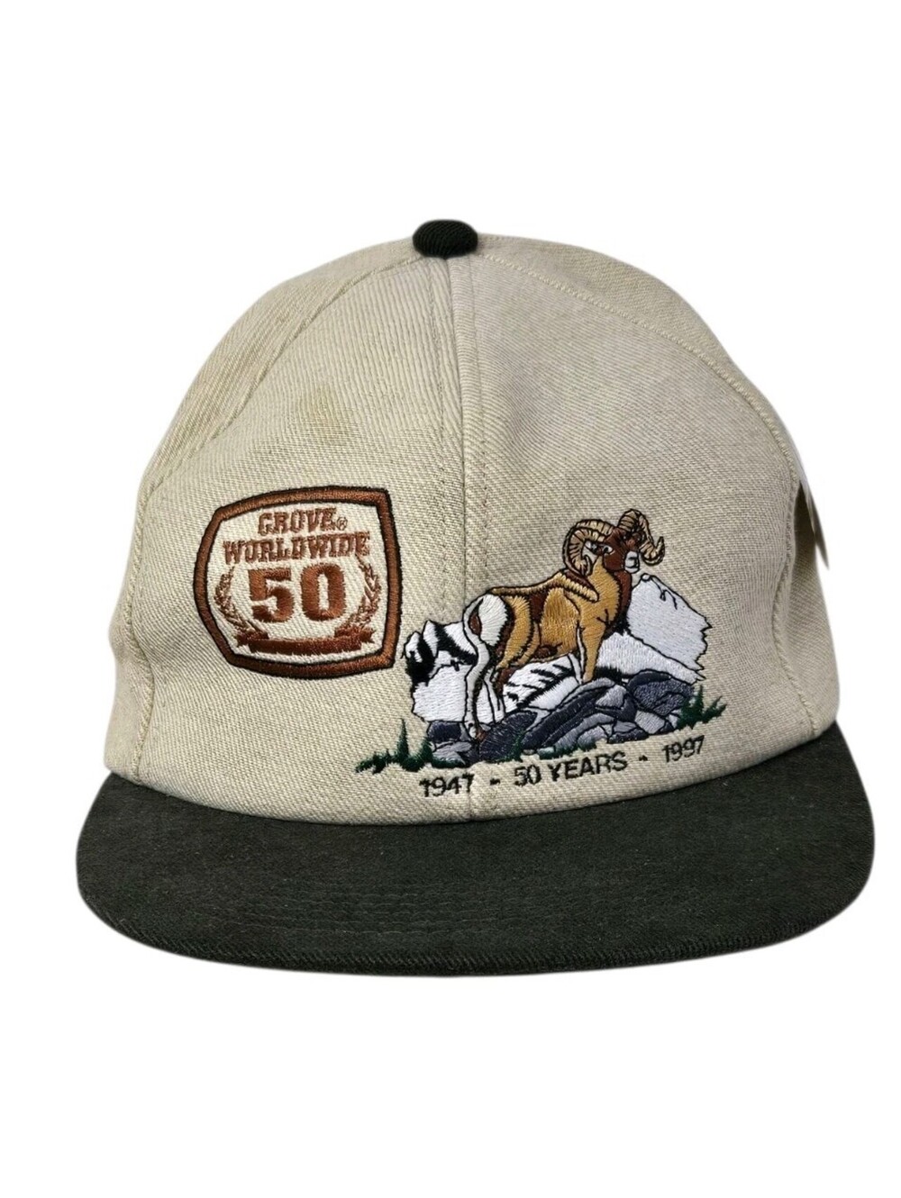 Grove Worldwide Hunting Hat Big Horn Sheep Leather Strap Cap Made in USA Vintage